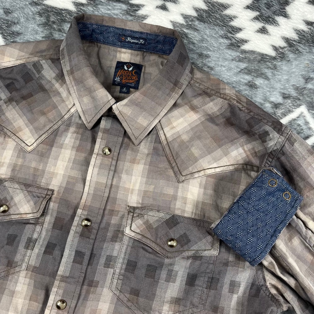 Moonshine Spirit Brad Paisley Mens Brown Pixel Plaid Western Snap Shirt Large